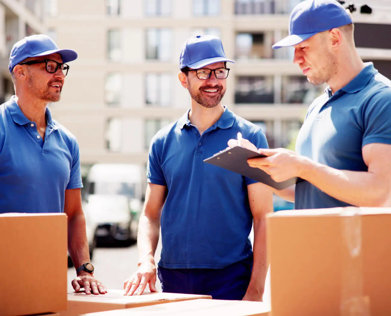 Delivery team discussing logistics with clipboard.
